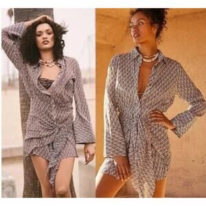 Free People Rillo Dress Sz Small Brown White Button Up Tie Front Shirt Dress NEW